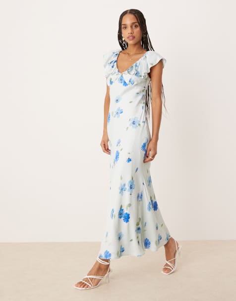 Nobody's Child – Abelia – Midikleid in Blau mit Blumenmuster und Rüschenschultern - view 1