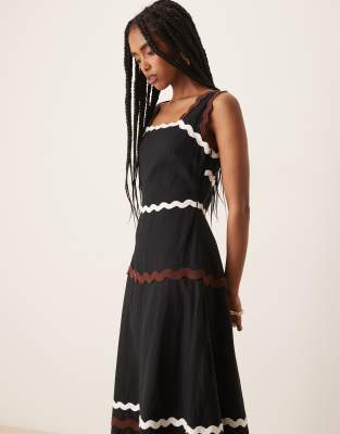 Acacia rick-rack midi dress with cut-out back in black