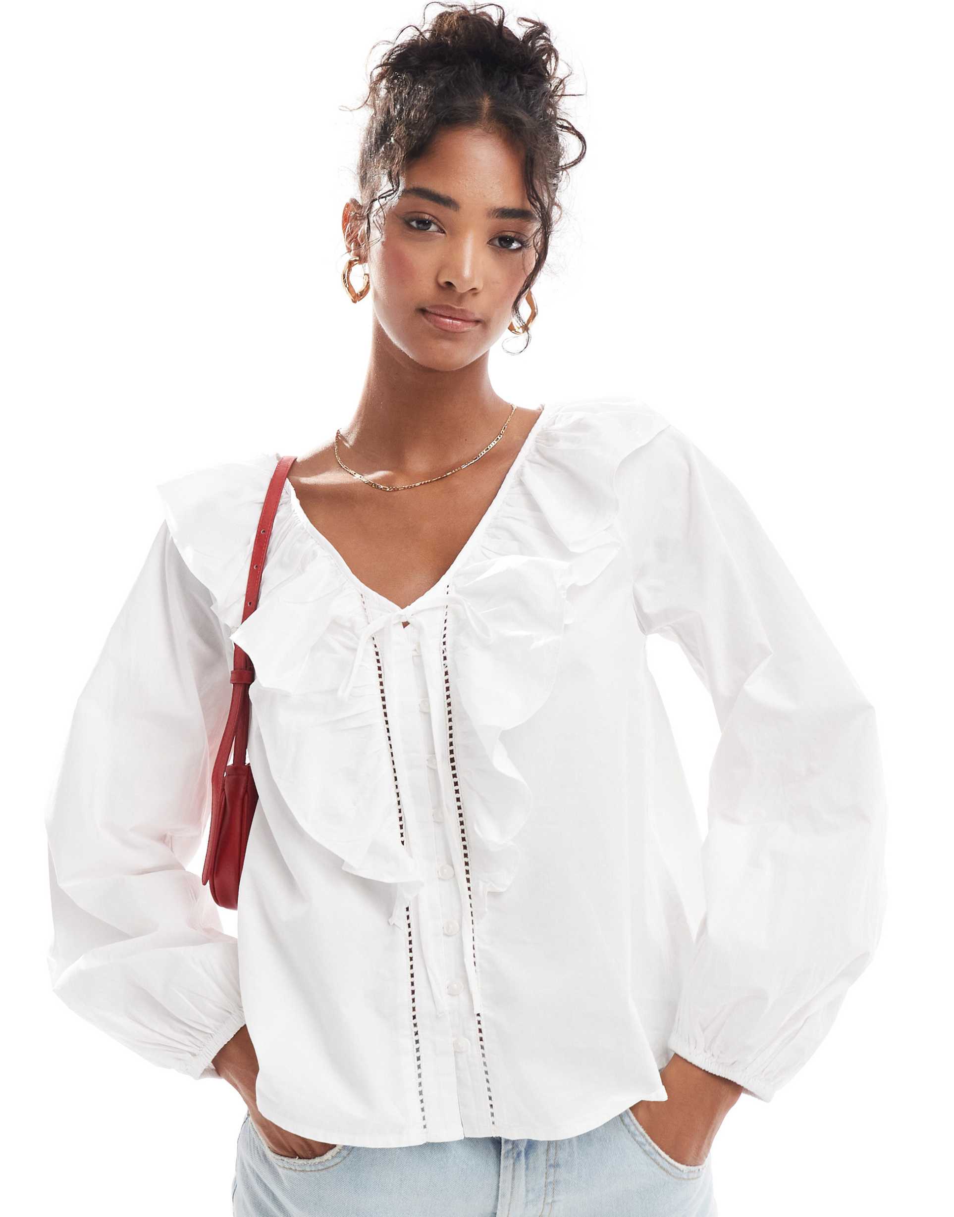 nobody's child ada blouse with ruffle collar in white