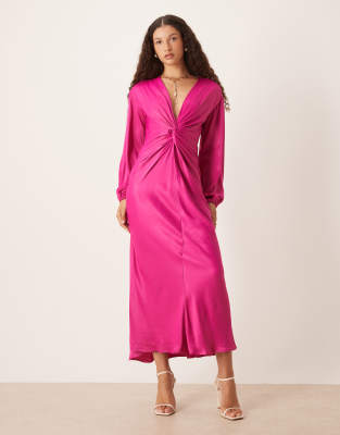 Nobody's Child - Adina - Midaxikleid in Rosa mit Zierknoten vorne