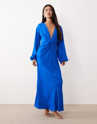 Nobody's Child - Adina - Midikleid aus Satin in Blau mit Knotendetail vorne