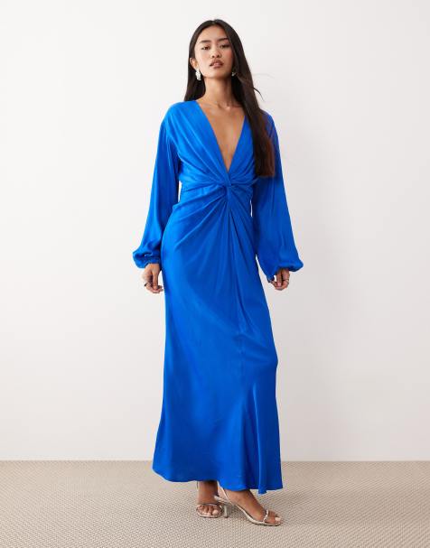 Nobody's Child – Adina – Midikleid aus Satin in Blau mit Knotendetail vorne - view 1