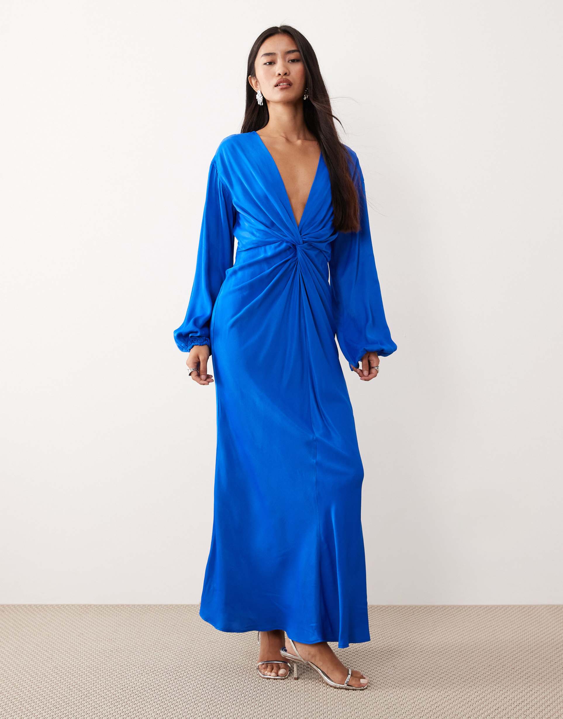 nobody's child adina satin knot front midi dress in blue