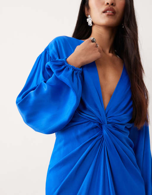 Nobody's Child Adina satin knot front midi dress in blue, 2 of 4