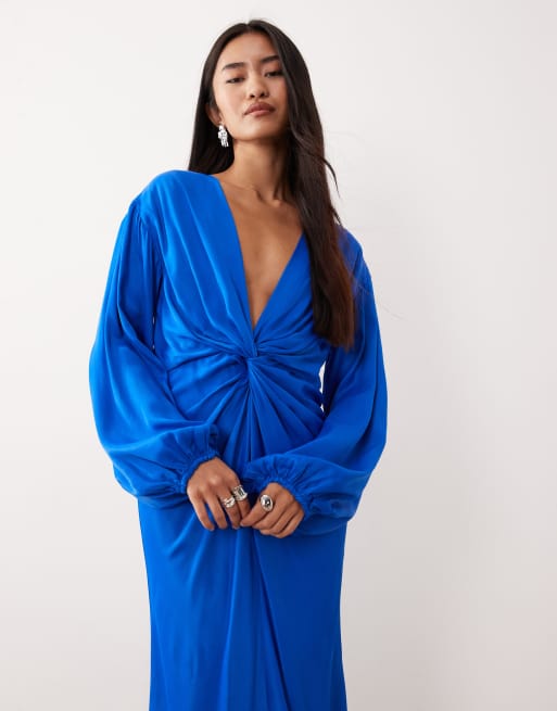 Nobody's Child Adina satin knot front midi dress in blue, 4 of 4