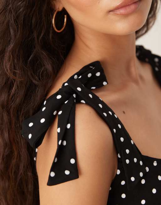 Nobody's Child Adrian tie shoulder midi dress in black and white spot, 2 of 4