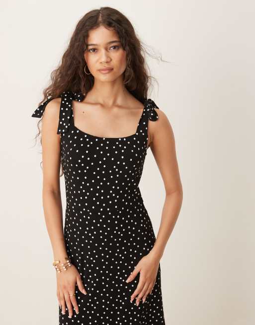 Nobody's Child Adrian tie shoulder midi dress in black and white spot, 3 of 4