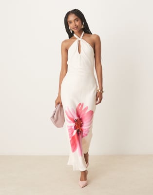 Nobody's Child Agnes halter neck midi dress with flower in white