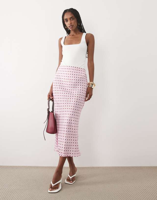 Nobody's Child Alana satin high waist midi skirt in pink polka dot