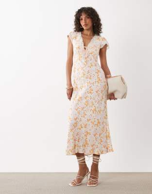 Alda - Robe mi-longue à manches courtes et col V avec bords en dentelle - Blanc fleuri 10