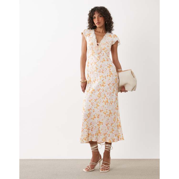 lace trimmed short sleeve midi dress Satin Patchwork Lace Trim Cut Out Short Sleeve Midi Dress