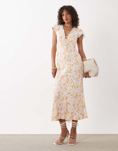 Nobody's Child - Alda - Vestido midi blanco de manga corta con estampado floral, cuello de pico y ribete de encaje - view 1