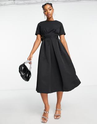 Alecia puff sleeve midi dress in black