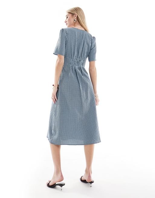 Nobody's Child - Alexa - Blå maxi-midikjole med gingham-tern, 3 af 4