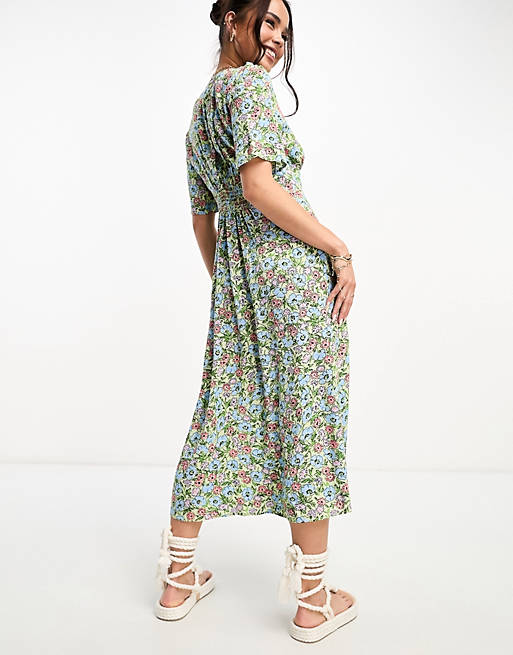 koken Midden ga zo door Nobody's Child - Alexa - Gesmokte midi jurk met vintage groene bloemenprint  | ASOS