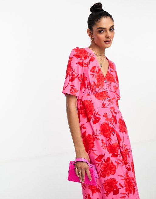 Nobody's Child Alexa midi dress in pink and red floral | ASOS