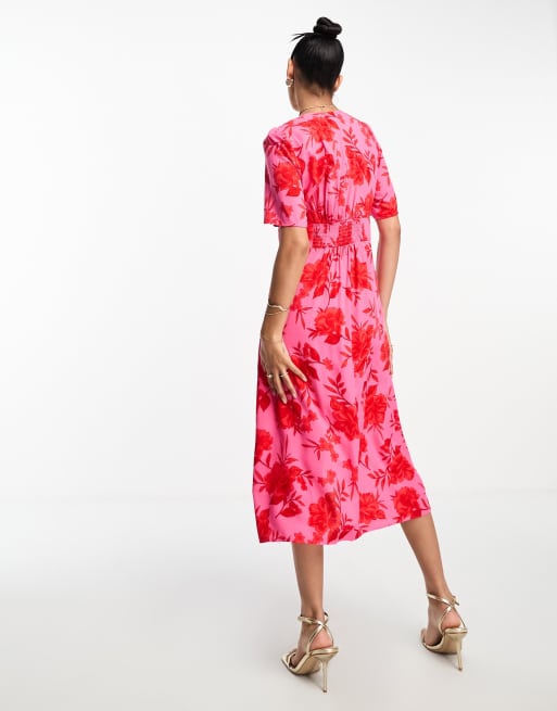 open lace back dress Red Floral Print Midi Dress - Boho Midi Dress