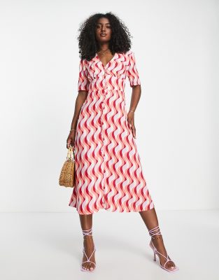 Nobody's Child Alexa midi dress in red pink wavy print | ASOS