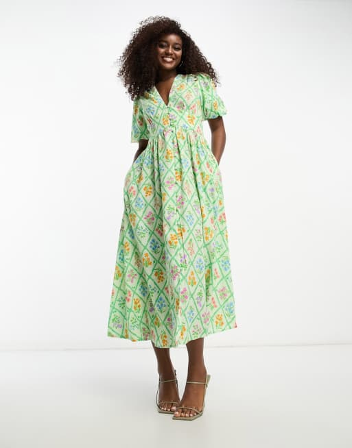 Nobody's Child - Alexa - Midi jurk met broderie in groene tegelprint