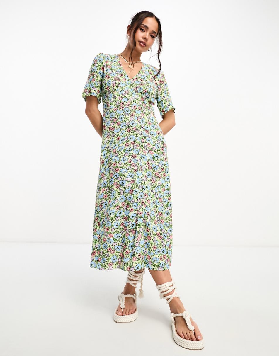 Nobody's Child Alexa shirred midi dress in vintage green floral