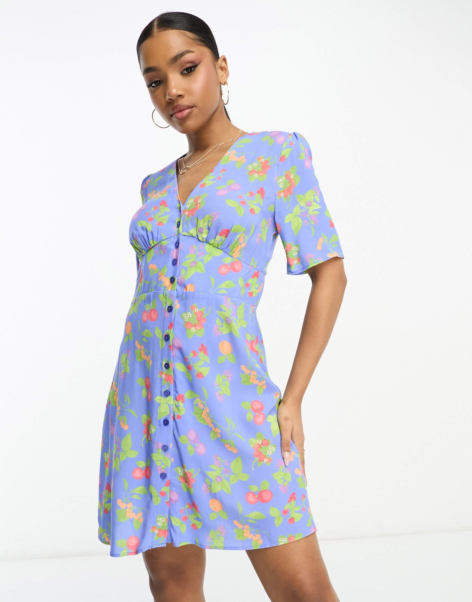 nobody's child alexa shirred mini dress in blue fruit print