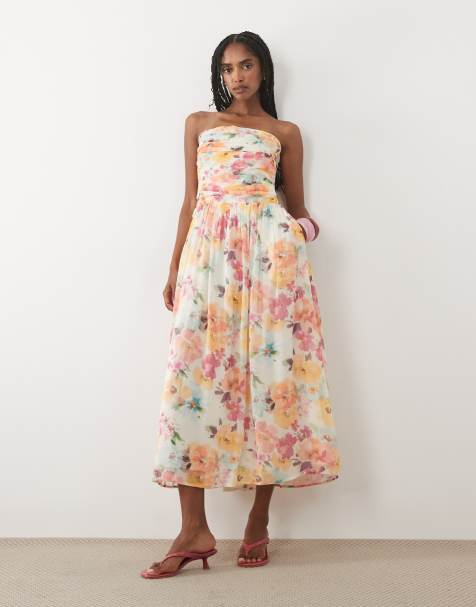 Nobody's Child - Alice - Gerimpelde midi bandeau-jurk in oranje bloemenprint - view 1