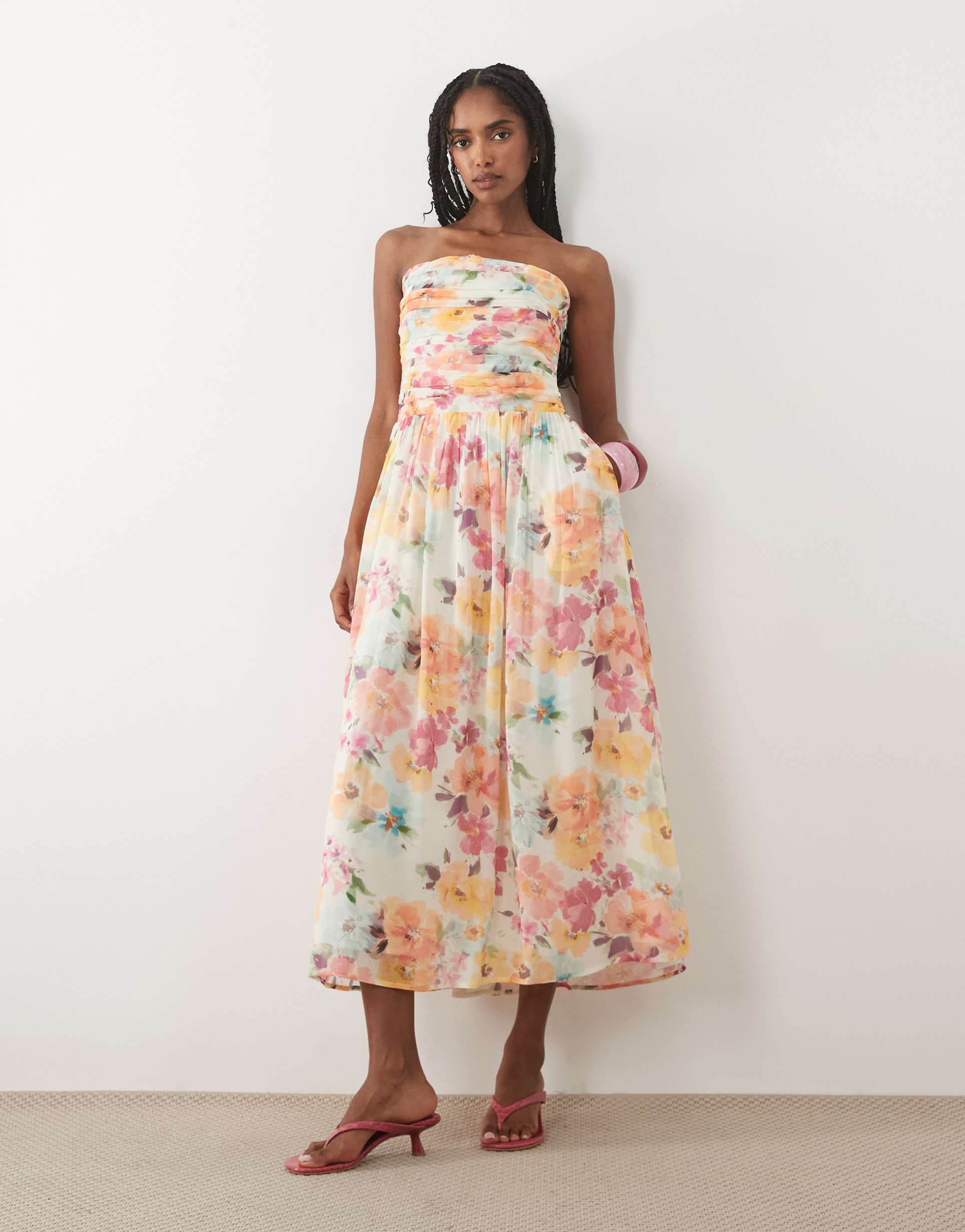 nobody's child alice ruched bandeau midi dress in orange floral print