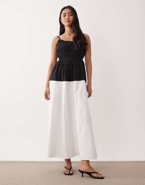 Nobody's Child Alina cotton shirred detailing dropped waist cami maxi dress in black and white - view 1