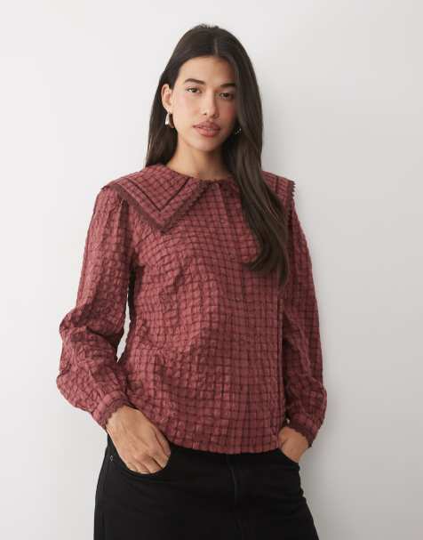 Nobody's Child Allegra cotton oversized collar balloon sleeve in red check - view 1