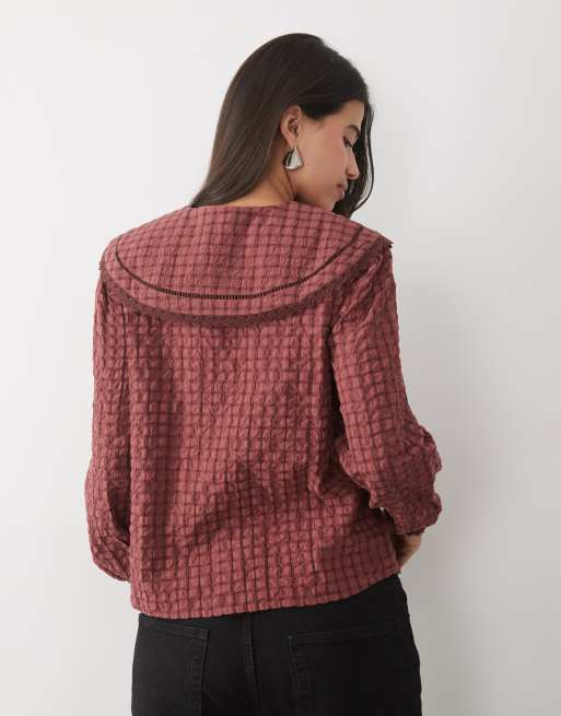 Nobody's Child Allegra cotton oversized collar balloon sleeve in red check, 4 of 4