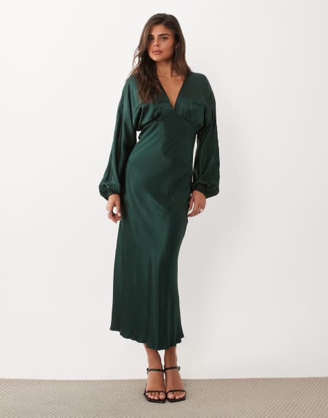 Nobody's Child Allura satin bias plunge neck balloon sleeve midi dress in dark green - view 1
