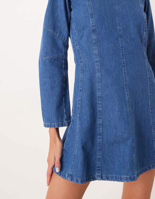 Nobody's Child Alma denim cinched pleat front mini dress in blue, 3 of 4