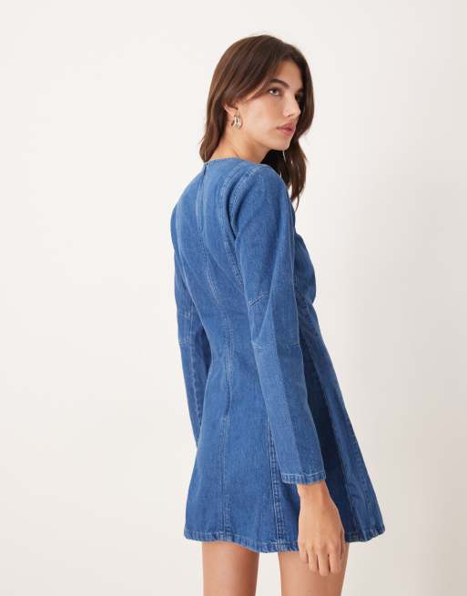 Nobody's Child Alma denim cinched pleat front mini dress in blue, 4 of 4