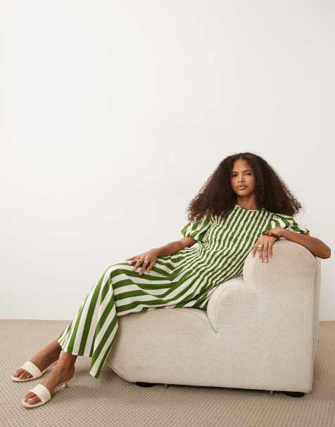 Nobody's Child Amanda linen blend puff sleeve shirred bodice midi dress in green stripe - view 1