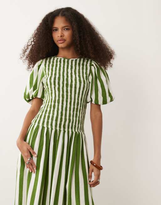 chinese dress ladies Linen-Blend Puff Sleeve Midi Dress — GAP (International)