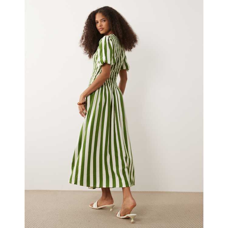 Nobody's Child Amanda linen blend puff sleeve shirred bodice midi