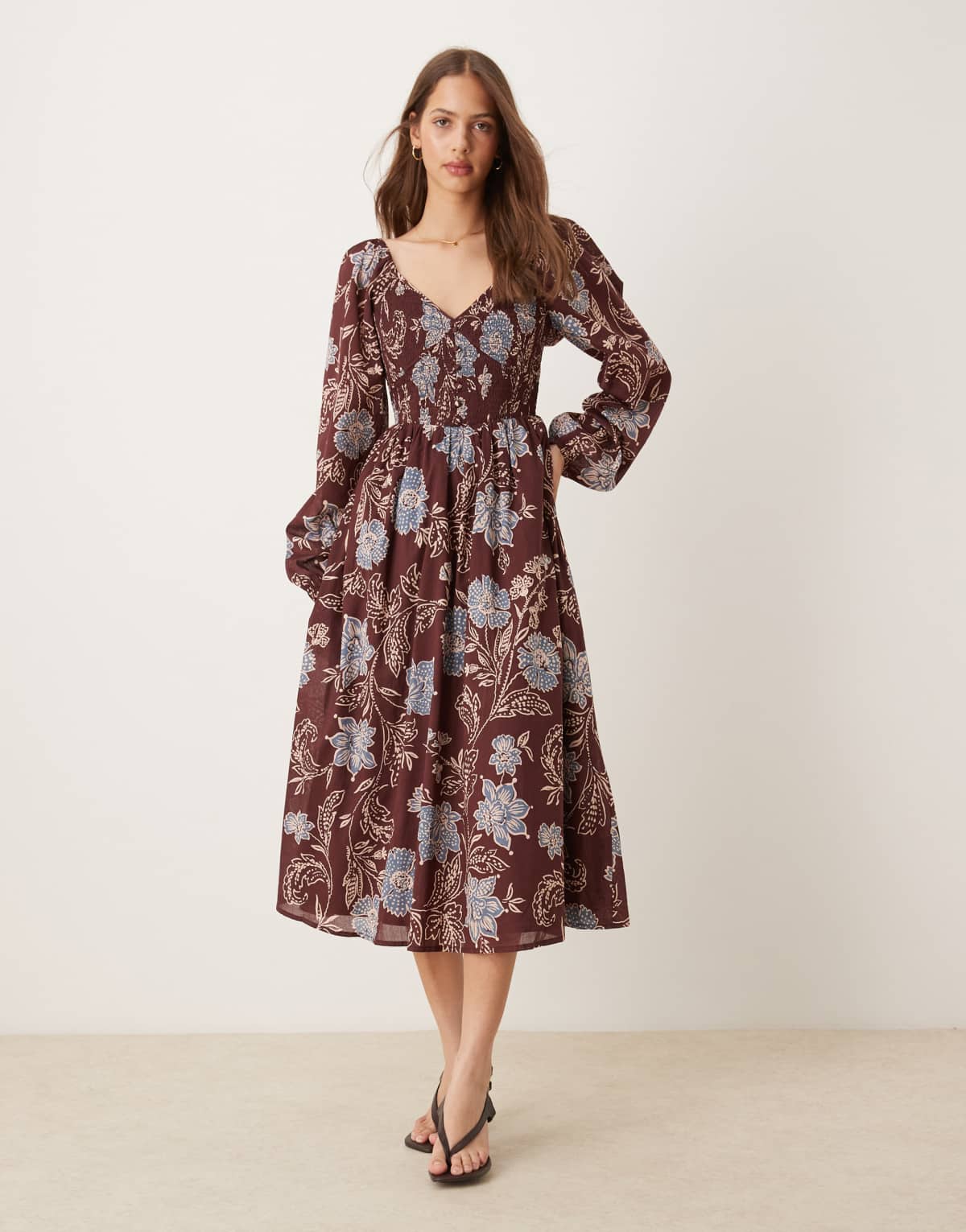 Nobody's Child Amaya balloon sleeve midi dress in brown floral