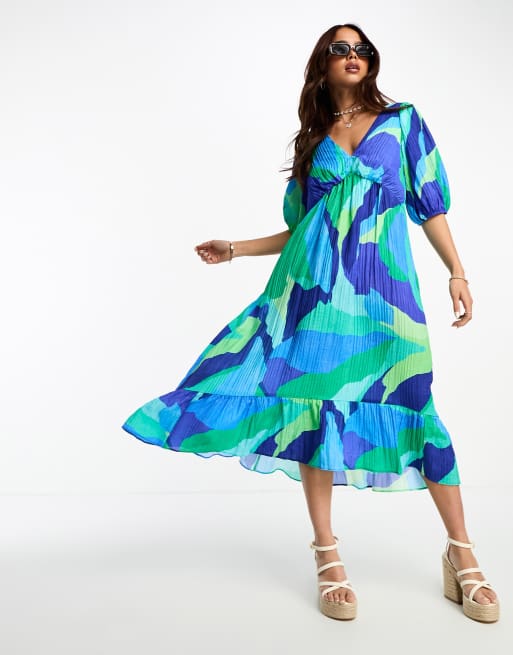 Nobody's Child - Amy - Midi jurk met pofmouwen in abstract blauw
