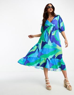 Nobody's Child Amy puff sleeve midi dress in abstract blue