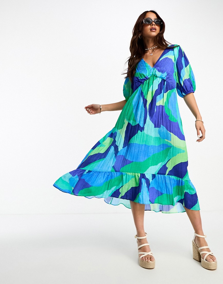 Shop Nobody's Child Amy Puff Sleeve Midi Dress In Abstract Blue