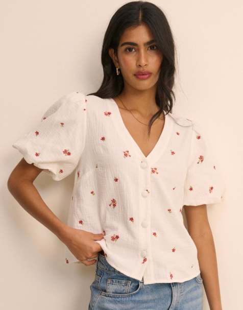 Nobody's Child And floral puff sleeve top in cream - view 1