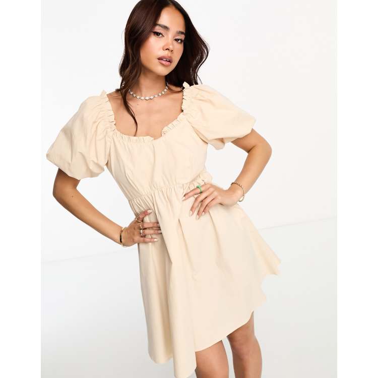 Brilliantly Blooming Beige Floral Print Puff Sleeve Skater Dress