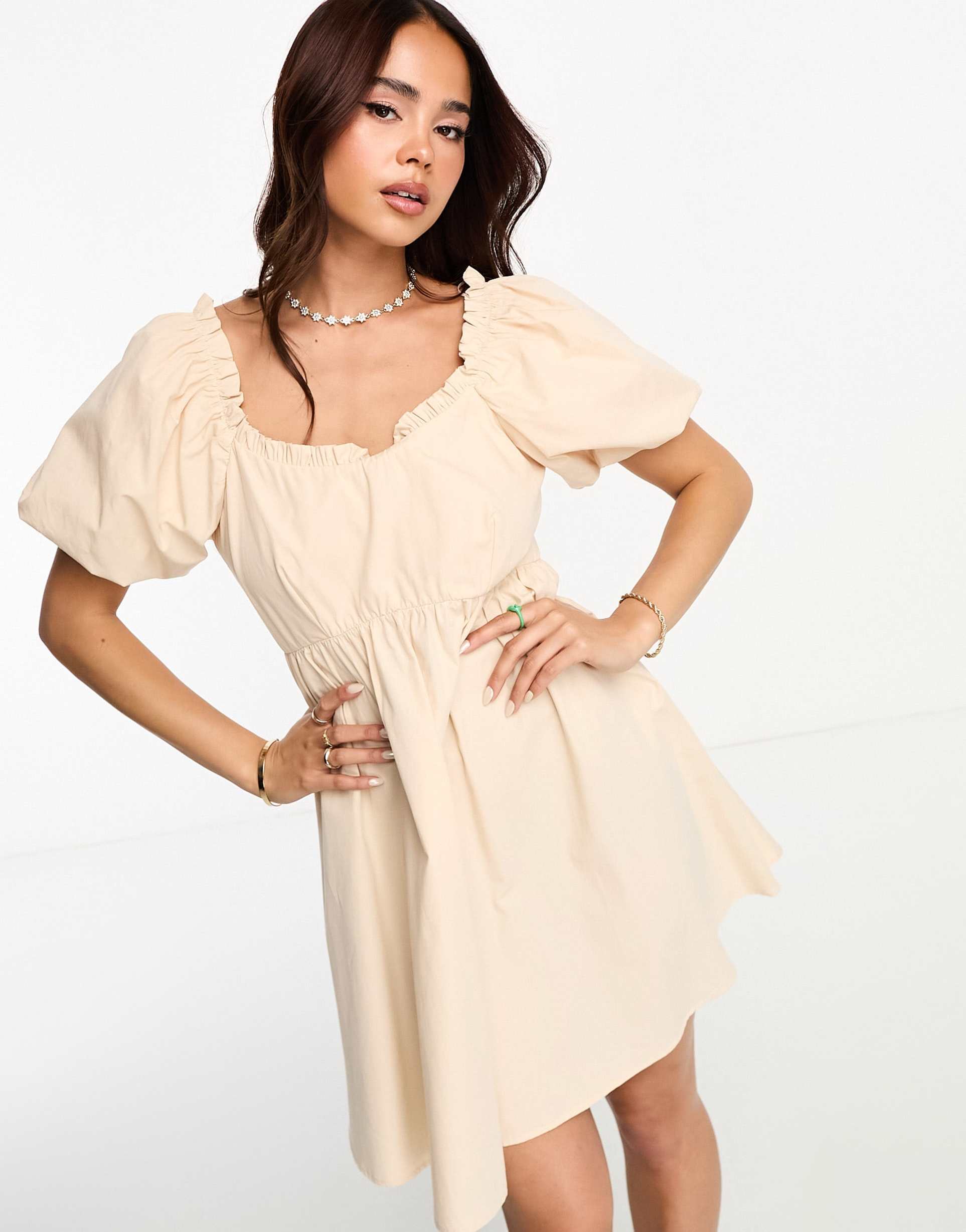 nobody's child andie puff sleeve mini dress in beige