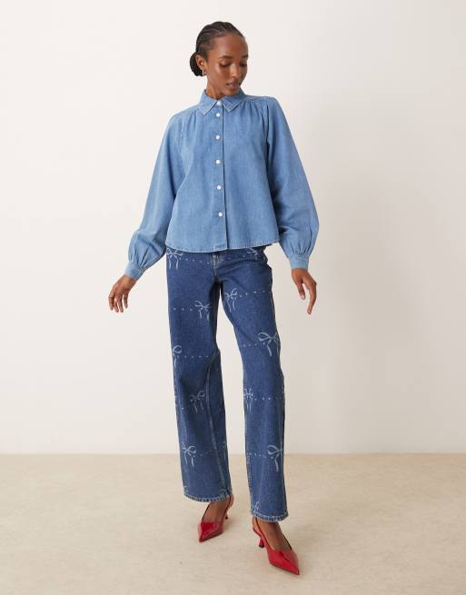 Nobody's Child - Andra - Denim blouse met kraag in blauw , 2 van 4