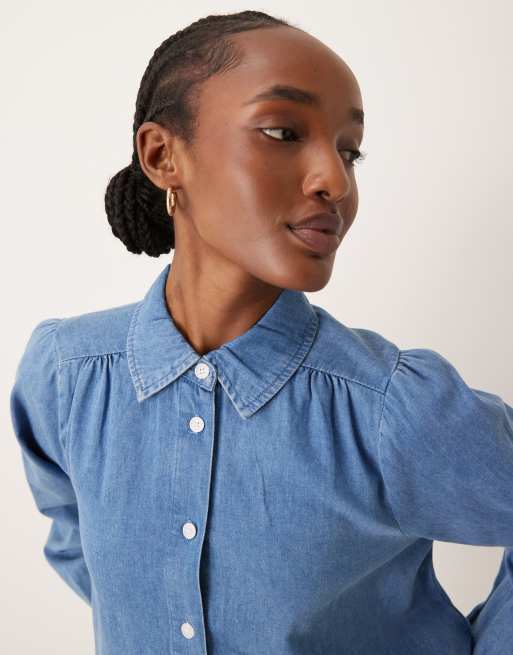 Nobody's Child Andra denim blouse with collar detail in blue , 3 of 4