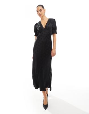 Angela satin maxi dress with lace detail in black