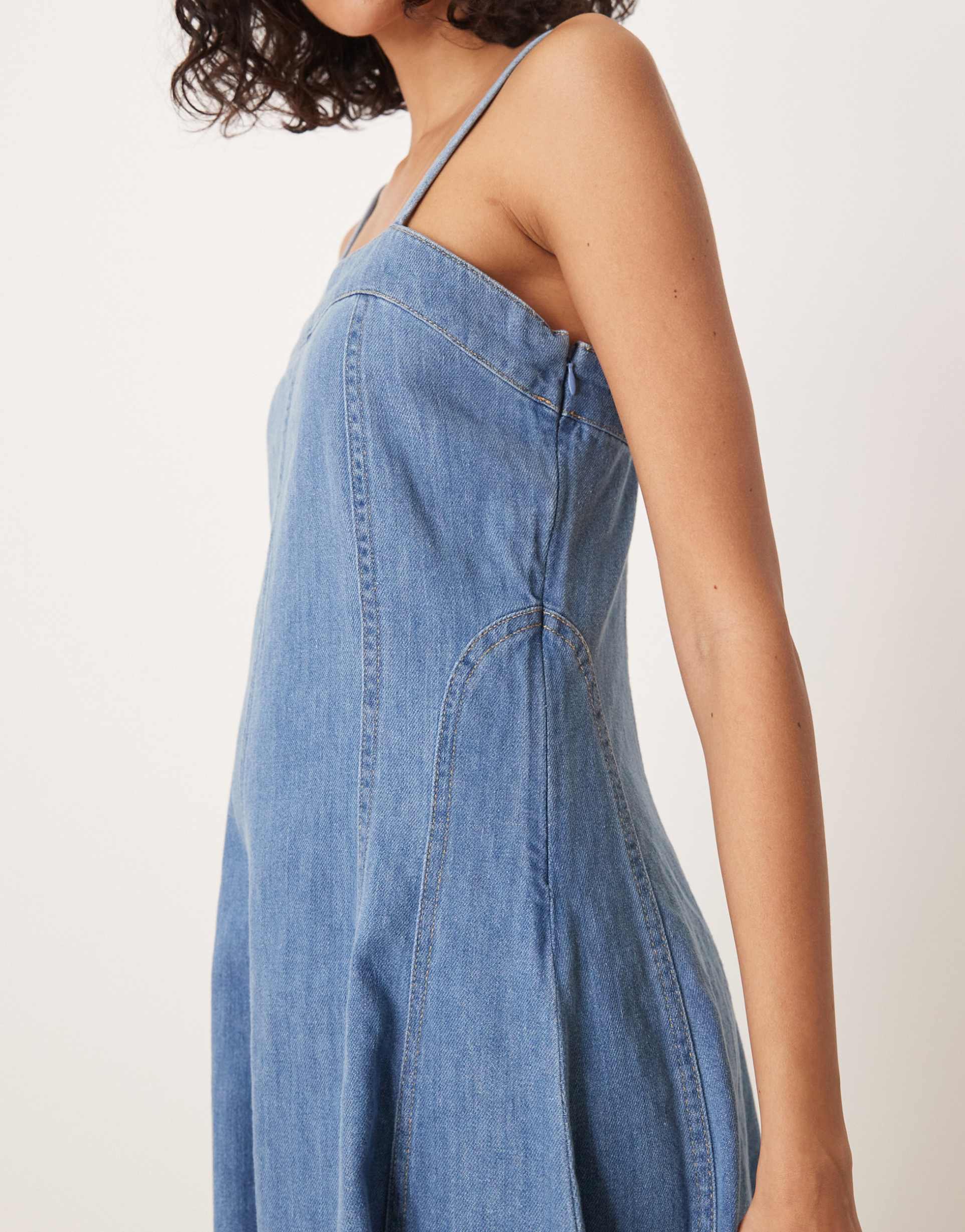 nobody's child anita a-line paneled strappy midi dress in mid vintage wash