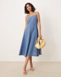 [Nobody's Child] Nobody's Child Anita a-line panelled strappy midi dress in mid vintage wash-Blue 14 Mid vintage