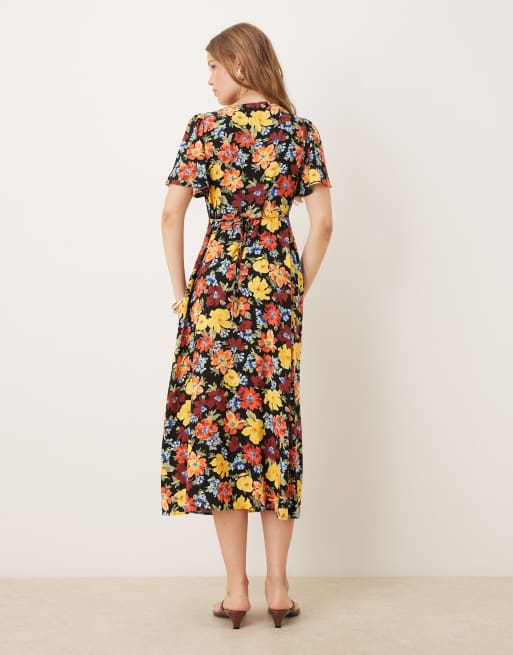 Nobody's Child Anna Flutter Sleeve Midi Dress in Bright floral-Multi