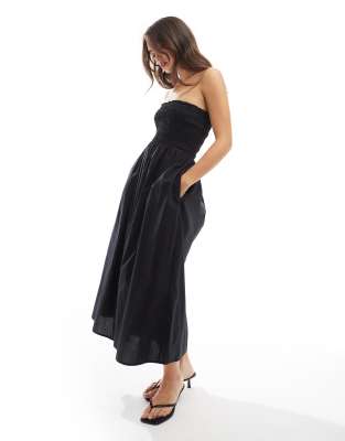 Annie bandeau midi smock dress in black